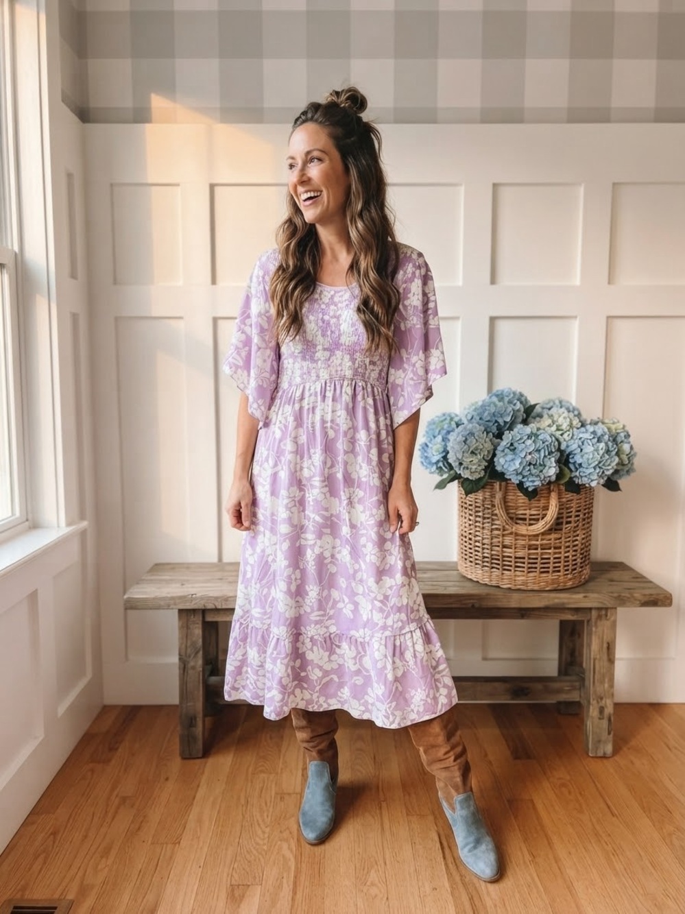 Lavender Floral Midi Dress with Flutter Sleeves 22